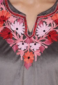 Smokey Grey Velvet Ari Embroidered Kurta, Pant And Dupatta Set- Free Size image 5