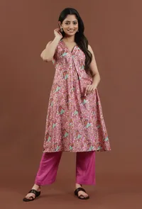 Elegant Pink Kalamkari Printed Silk A-Line Kurta image 1