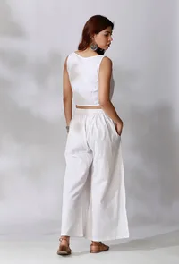 Set Of 2- White Cotton Crop Top with White Cotton Pants With Pockets image 4