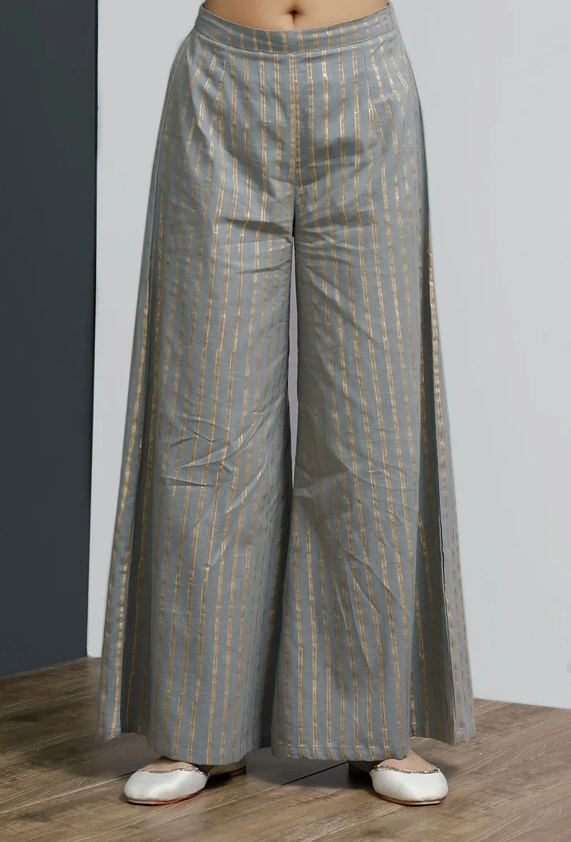 Grey Hand-Block Stripe Printed Palazzo