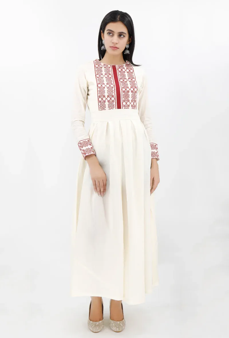 Cotton Dress With Maroon Cross Stitch Yoke