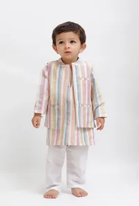 Set Of 3:  White Striped Kurta and White Pant with White Striped Nehru Jacket image 1