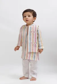 Set Of 3:  White Striped Kurta and White Pant with White Striped Nehru Jacket image 2