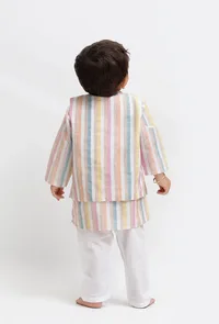 Set Of 3:  White Striped Kurta and White Pant with White Striped Nehru Jacket image 4