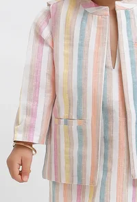 Set Of 3:  White Striped Kurta and White Pant with White Striped Nehru Jacket image 5