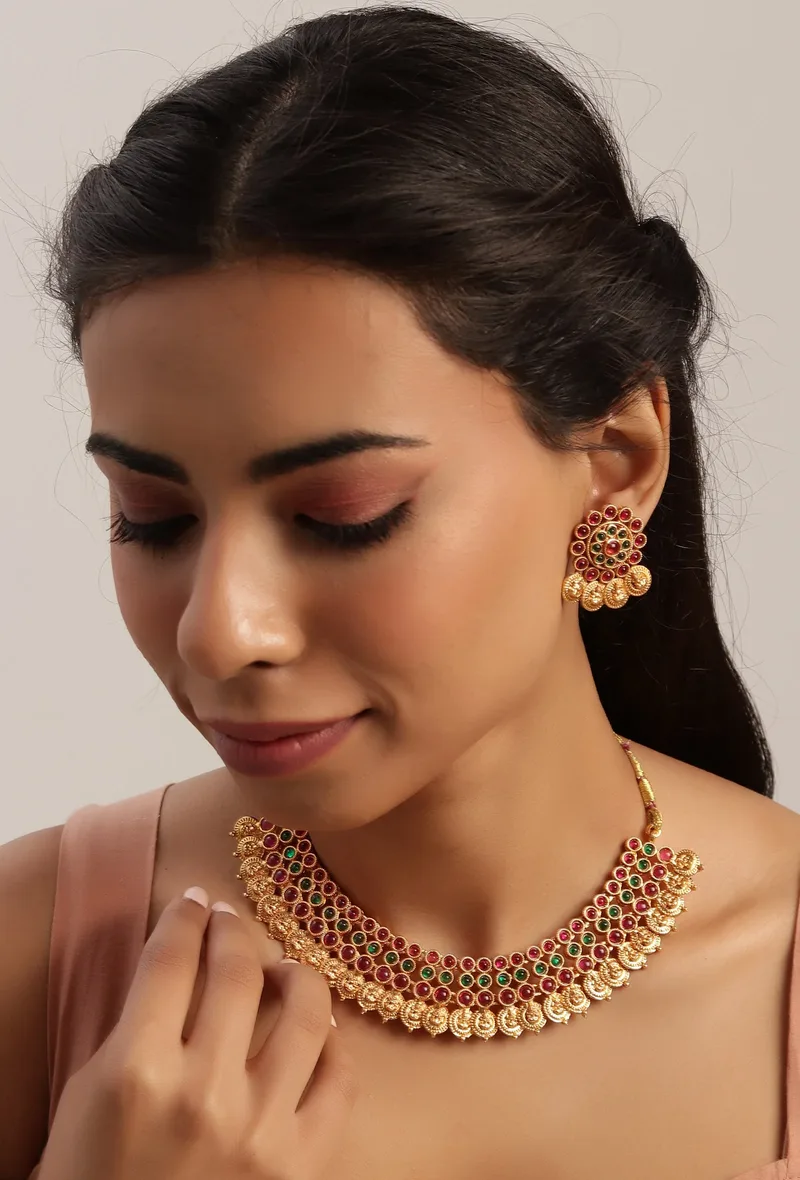 Big Studs In Premium High Gold Plated Temple Jewellery Set