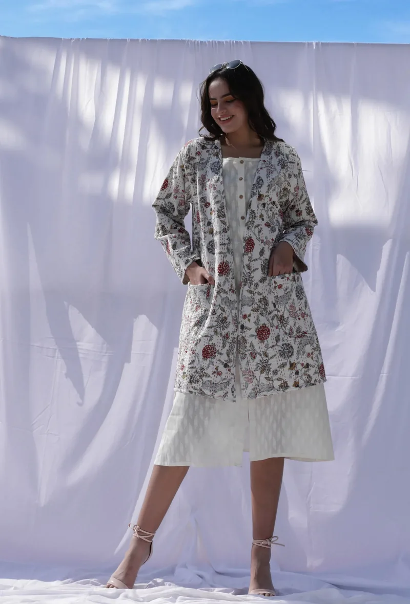 Oorvi Ivory floral handblock printed & kantha stitched front open long overlay jacket