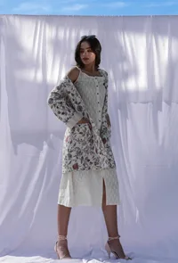 Oorvi Ivory floral handblock printed & kantha stitched front open long overlay jacket image 2