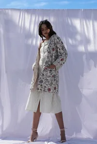 Oorvi Ivory floral handblock printed & kantha stitched front open long overlay jacket image 3