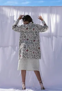 Oorvi Ivory floral handblock printed & kantha stitched front open long overlay jacket image 4