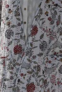 Oorvi Ivory floral handblock printed & kantha stitched front open long overlay jacket image 5