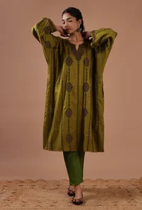 Sage Green Woolen Sozni Embroidered Phiran- Free Size image 1