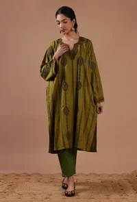 Sage Green Woolen Sozni Embroidered Phiran- Free Size image 2