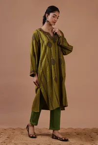 Sage Green Woolen Sozni Embroidered Phiran- Free Size image 3