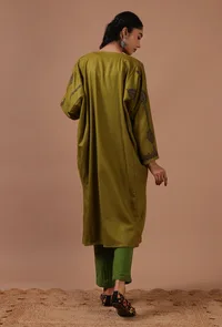 Sage Green Woolen Sozni Embroidered Phiran- Free Size image 4