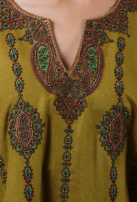 Sage Green Woolen Sozni Embroidered Phiran- Free Size image 5
