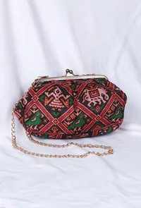 Green, Red & Multi Silk Patola Print Clutch image 2