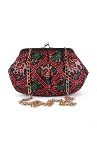 Green, Red & Multi Silk Patola Print Clutch image 3