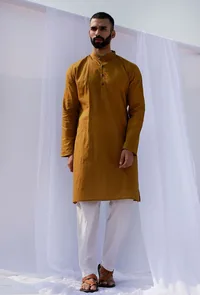 Set Of 2: Olive Mustard Self Weave Cotton Kurta Pyjama Set image 1