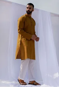 Set Of 2: Olive Mustard Self Weave Cotton Kurta Pyjama Set image 2