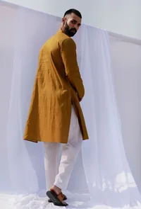 Set Of 2: Olive Mustard Self Weave Cotton Kurta Pyjama Set image 4