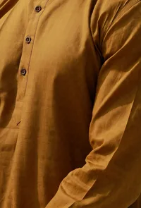 Set Of 2: Olive Mustard Self Weave Cotton Kurta Pyjama Set image 5