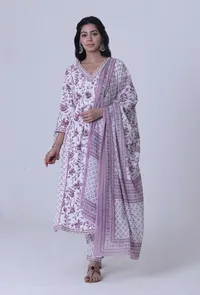 Dusty Lavender Motif White Cotton Dupatta image 3