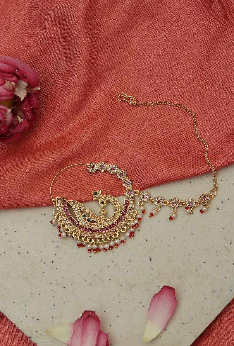 Traditional Bridal Nath Nose Ring with Chain and Pearls