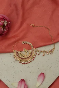 Traditional Bridal Nath Nose Ring with Chain and Pearls image 1