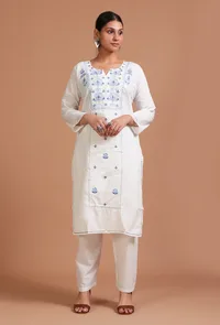Set Of 2: White Cotton Embroidered Kurta & Pant Set image 1