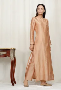 Golden Beige Pure Banarasi Chanderi Kurta image 3