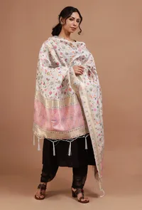 Off White Color Semi Silk Dupatta With Zari Weaving image 2