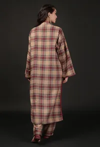 Set Of 2: Chestnut Brown Woven Tartan Checks Phiran Kurta & Straight Pants image 3