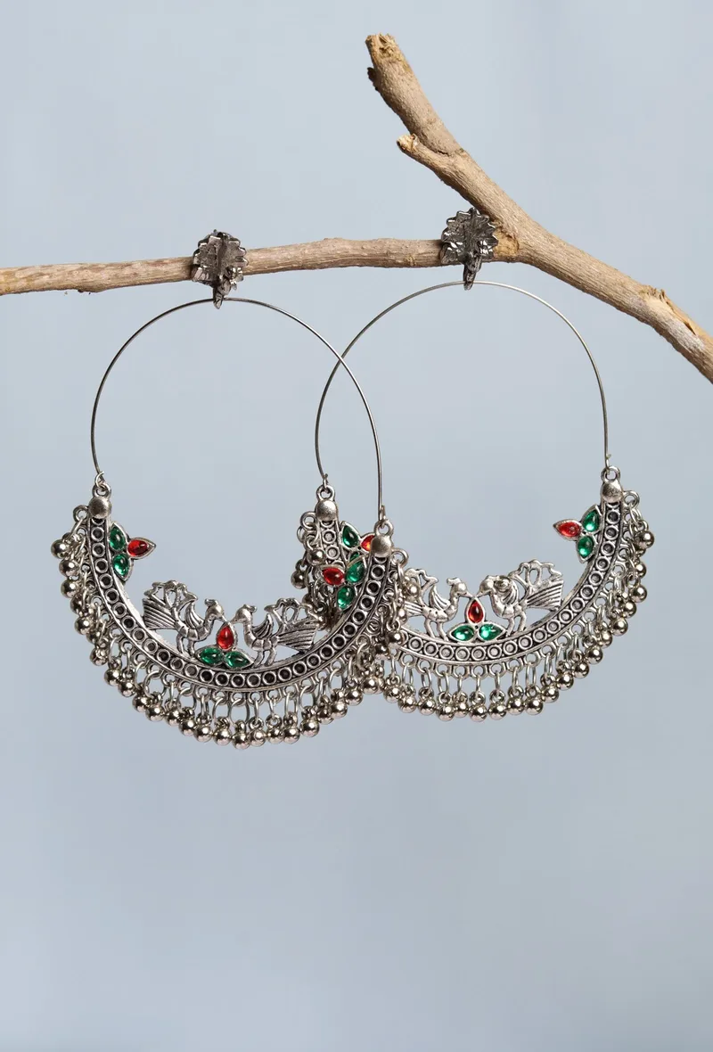 Oxidized Silver Peacock Stud Dangler Earring