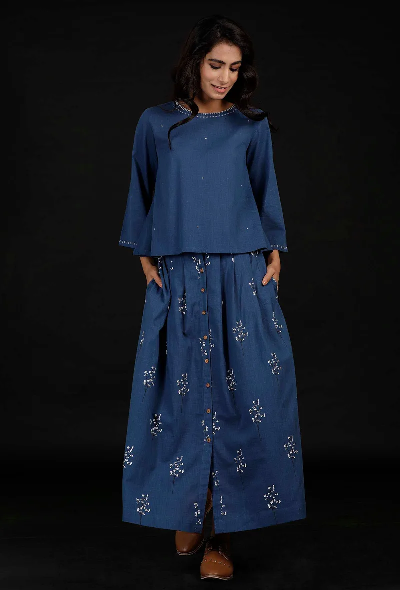 Denim Blue Hand Detailed Cotton Top