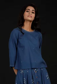 Denim Blue Hand Detailed Cotton Top image 2