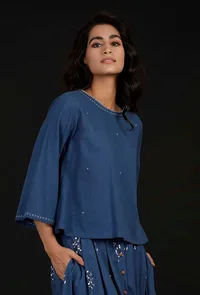 Denim Blue Hand Detailed Cotton Top image 3