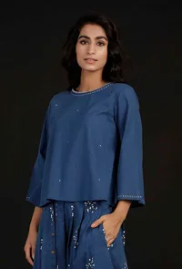 Denim Blue Hand Detailed Cotton Top image 4