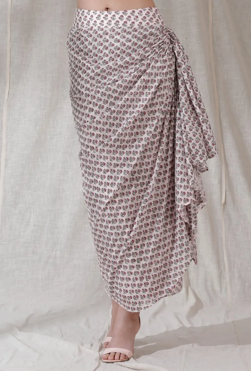 Baby pink color kota cotton contrast color floral blockprinted sarong draped high waist long skirt