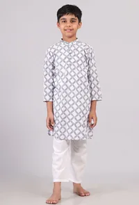 Set of 2: White and Blue Hand Block Print Kurta Pyjama Set image 1