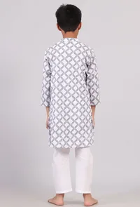 Set of 2: White and Blue Hand Block Print Kurta Pyjama Set image 4