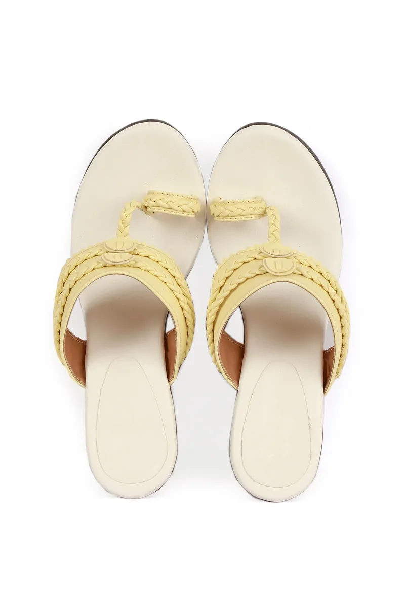 Yellow and White Vegan Leather Kolhapuri Wedges