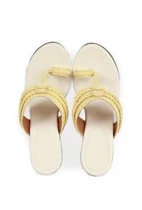 Yellow and White Vegan Leather Kolhapuri Wedges image 1
