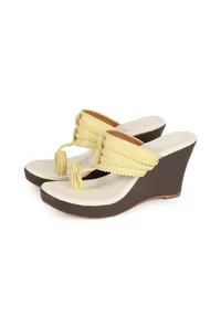Yellow and White Vegan Leather Kolhapuri Wedges image 2