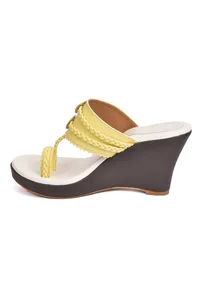 Yellow and White Vegan Leather Kolhapuri Wedges image 3
