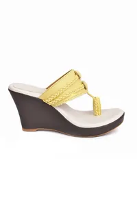 Yellow and White Vegan Leather Kolhapuri Wedges image 4