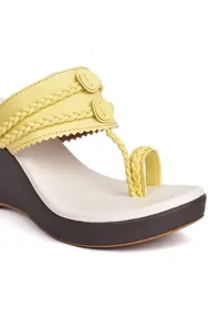 Yellow and White Vegan Leather Kolhapuri Wedges image 6