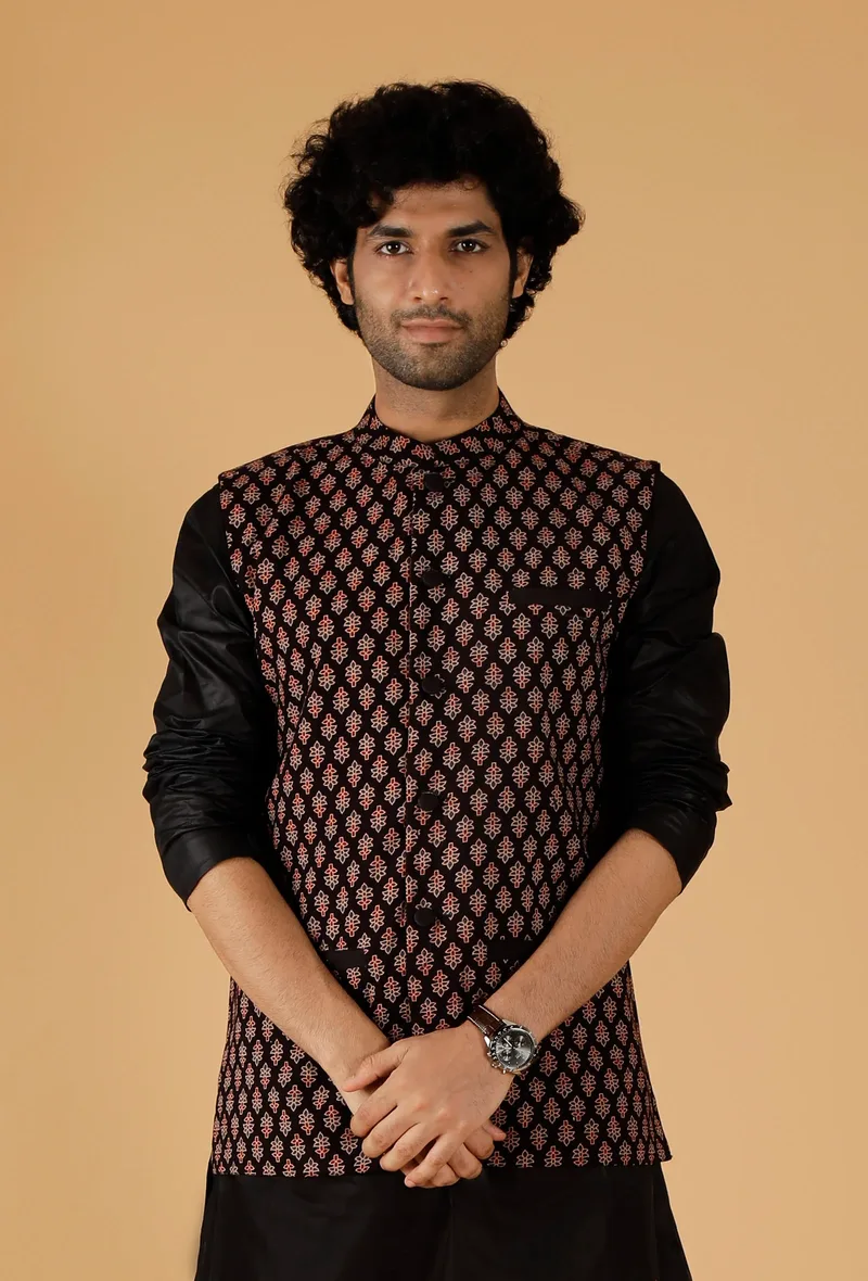 Black Ajrakh Print Cotton Sleeveless Nehru Jacket With Pockets