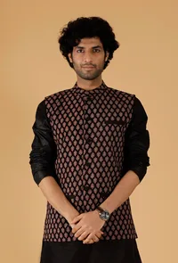 Black Ajrakh Print Cotton Sleeveless Nehru Jacket With Pockets image 1
