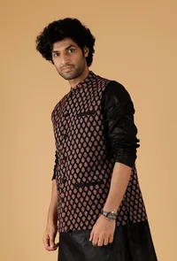 Black Ajrakh Print Cotton Sleeveless Nehru Jacket With Pockets image 2